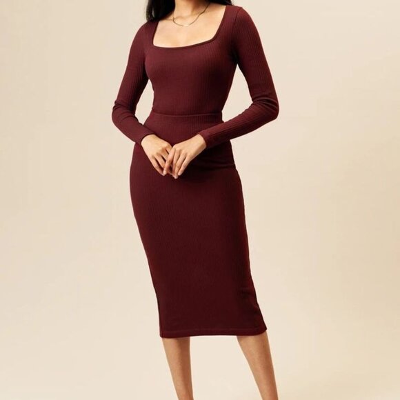 XS KOTN High Wasited Ribbed Pencil Skirt, Zinfandel - Picture 1 of 4